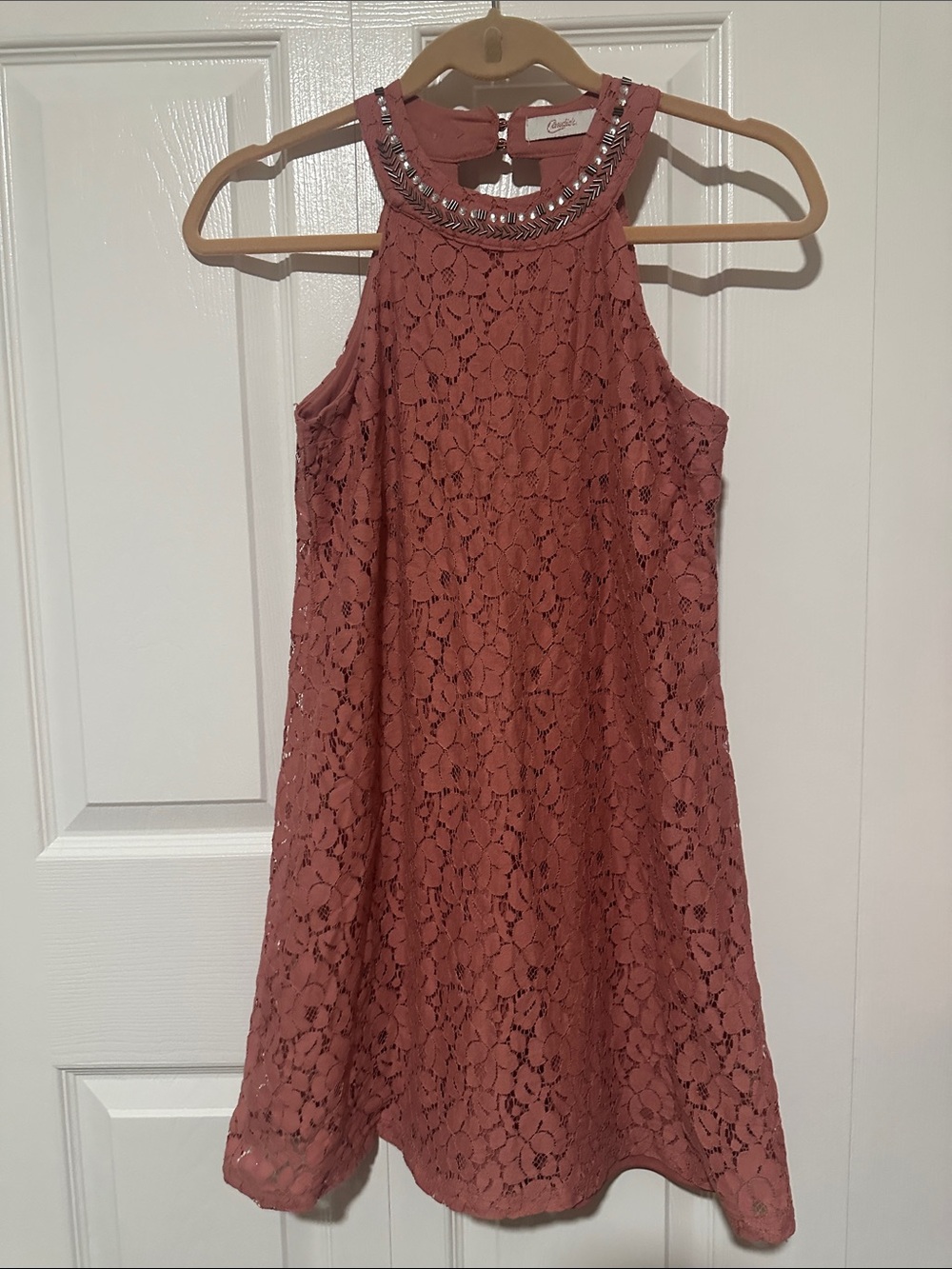 Candies Dusty Rose Lace Halter Dress with Beaded Neckline